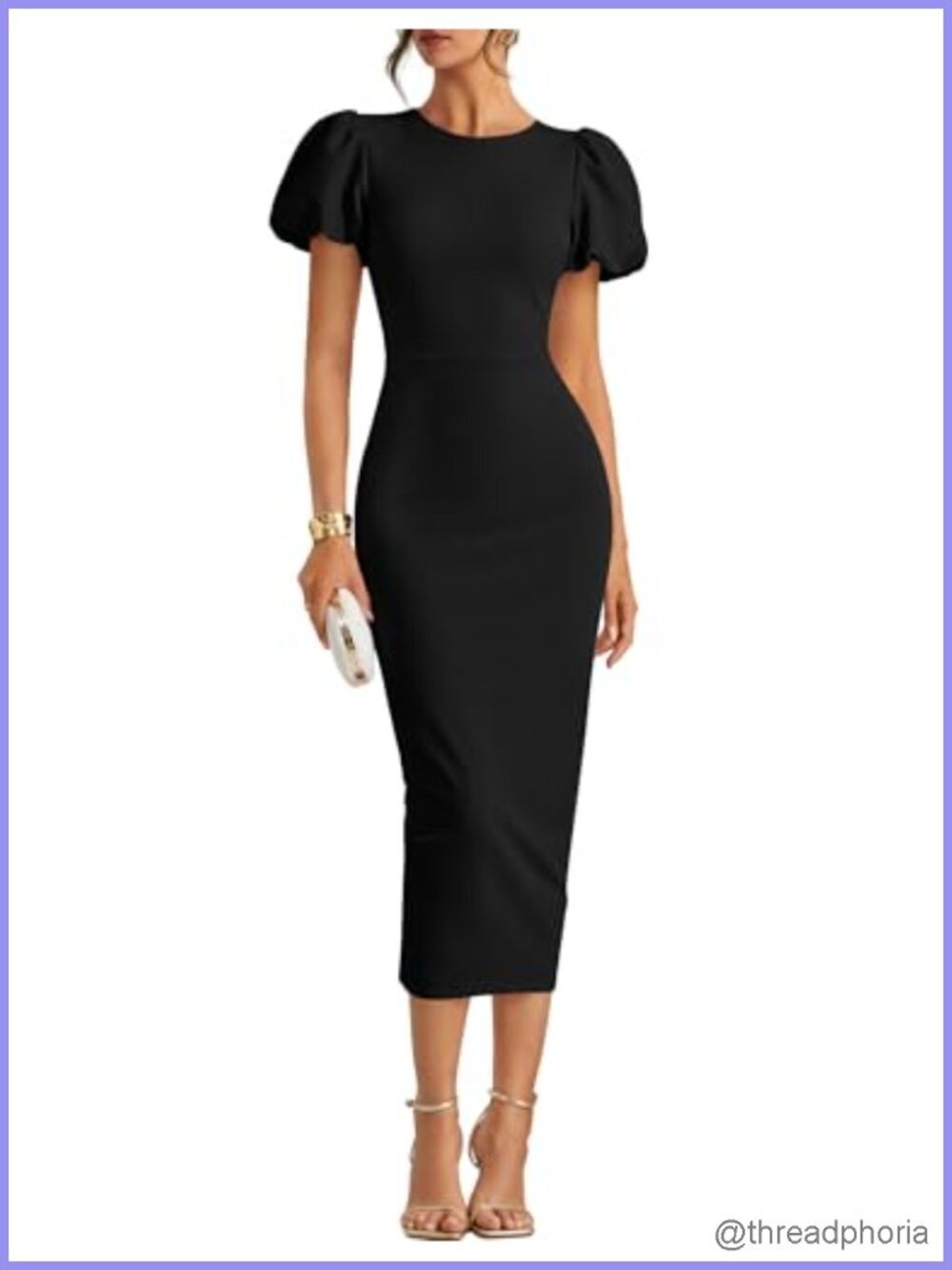 Bodycon Midi Dress with Puff Sleeves Back Zipper Formal Cocktail